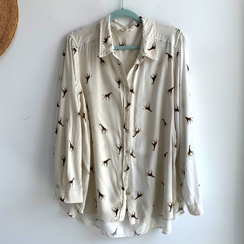 Jane and Delancey Cream Button-Up Shirt with Brown Horse Print